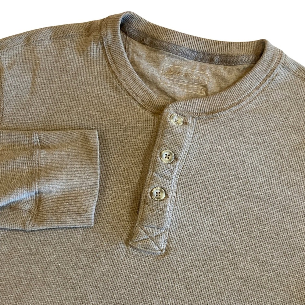 Eddie Bauer Mens Large Henley Shirt Tan Brown Waffle Knit Thermal Long Sleeve